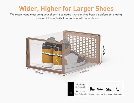 Kuject X-Large Shoe Storage Boxes Organizers for Closet 12 Pack, Fit Size 11,Clear Plastic Stackable Sneaker Containers for Entryway, Space Saving Shoe Rack,Substitute for Drawer Organize Unit, Brown