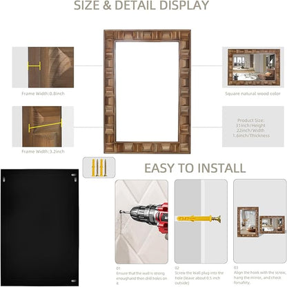 22x30 Inch Farmhouse Rectangular Wall Mirror, Rustic Wooden Frame Decorative Mirror for Bathroom Vanity, Bedroom, Living Room & Entryway – Vertical or Horizontal Hanging