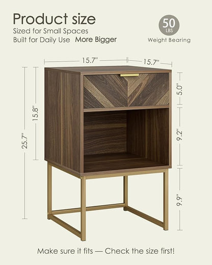 Nightstand,Modern Night Stand Boho Farmhouse Wood Bedside Table with Storage Drawer and Open Shelf,Side End Table for Bedroom,Living Room,Walnut