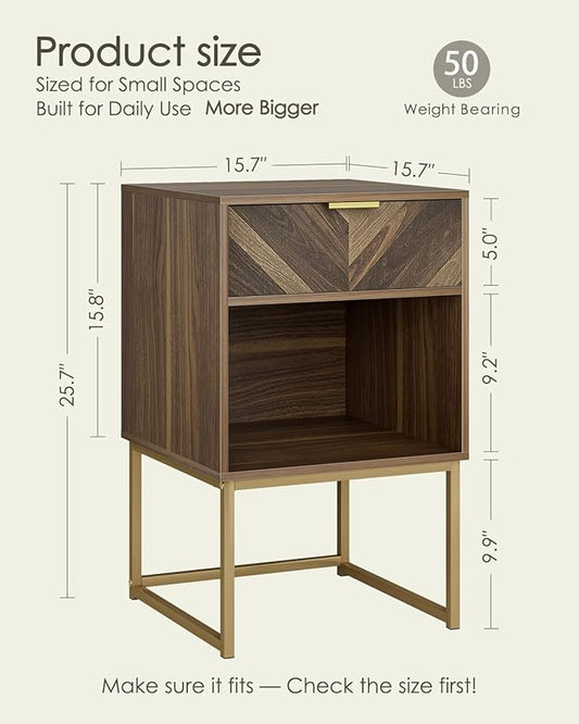 Nightstand,Modern Night Stand Boho Farmhouse Wood Bedside Table with Storage Drawer and Open Shelf,Side End Table for Bedroom,Living Room,Walnut