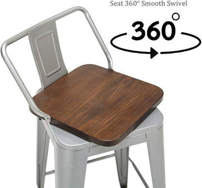 30 Inch Swivel Bar Stools Set of 4 with Backs Counter Height Industrial Metal Barstools Island Bar Chairs for Home Kitchen Dining Room (Swivel 30 inch, Silver Wooden)