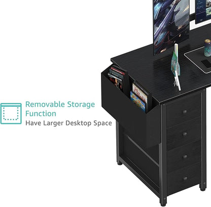 Lufeiya L Shaped Gaming Desk with Drawers & Storage Shelves, 47 Inch Reversible Corner Computer Desk with Power Outlet for Home Office Bedroom, L-Shaped Teen PC Desks with Fabric Drawer, Black