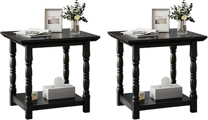 DWVO Farmhouse Square Coffee Table Set of 2, Antique Accent Side Table with Floor Shelf, 23.6"x 23.6" Living Room Furniture, Black