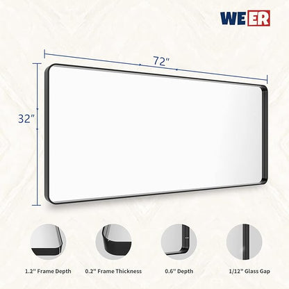 WEER Black Metal Framed Mirror 72X32 Inch, Black Bathroom Vanity Mirror, Rounded Rectangle Matte Black Bathroom Mirror for Wall, Tempered Glass, Anti-Rust, Hangs Horizontal or Vertical
