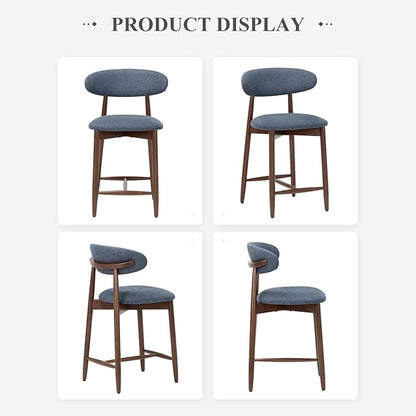 COLAMY Mid Century Modern Bar Stools Set of 4, Counter Height, Blue Fabric Upholstered Wooden Barstools with Back, 25 Inch