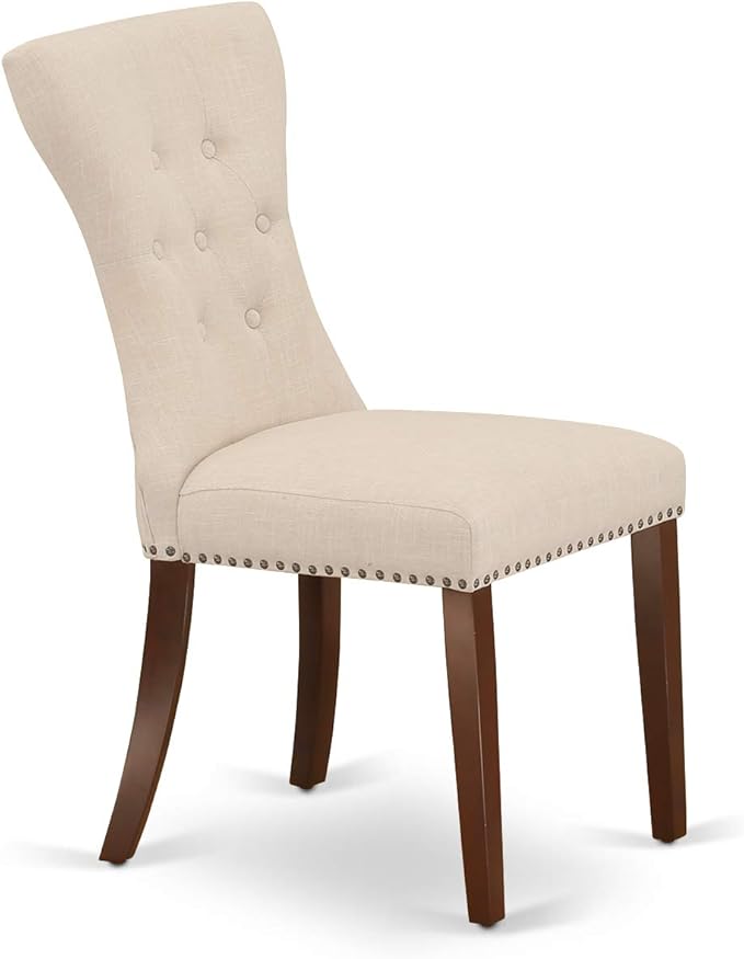 East West Furniture HLGA3-MAH-32 3 Piece Dining Room Table Set Contains a Round Dining Table with Pedestal and 2 Light Beige Linen Fabric Upholstered Chairs, 42x42 Inch, Mahogany