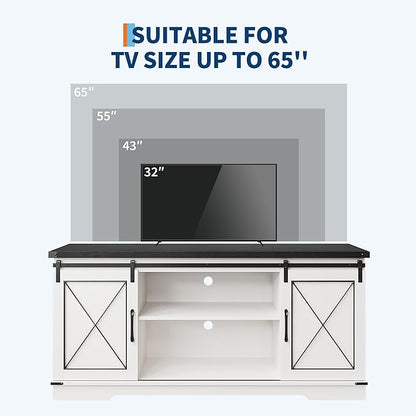 CABIHOME Farmhouse TV Stand and Entertainment Center for TV Up to 65 Inches with Sliding Barn Doors and Adjustable Shelf, TV Media Storage Console Table and Furniture for Living Room, Bedroom, White
