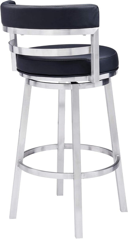 Armen Living Titana 30" Bar Height Swivel Black Faux Leather and Brushed Stainless Steel Bar Stool