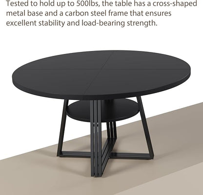 GarveeHome Round Dining Table for 4-6, 47.2" Farmhouse Kitchen Table with Storage, Circle Dinner Tables for Kitchen, Dining Room, Living Room, Meeting Room, Apartment, Black