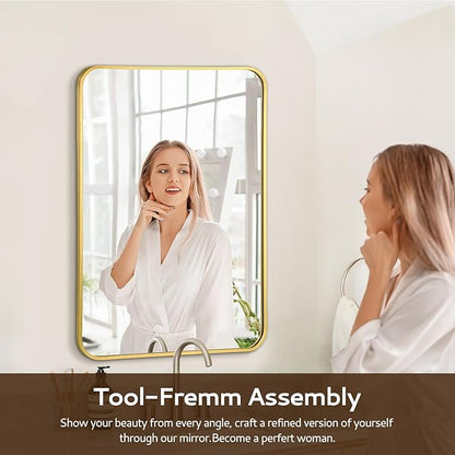 20x28 Rounded Rectangle Bathroom Mirrors for Over Sink, Gold Vanity Mirror with Metal Frame Wall Mounted, Modern Farmhouse Mirror for Restroom, Bedroom, Entryway Decor