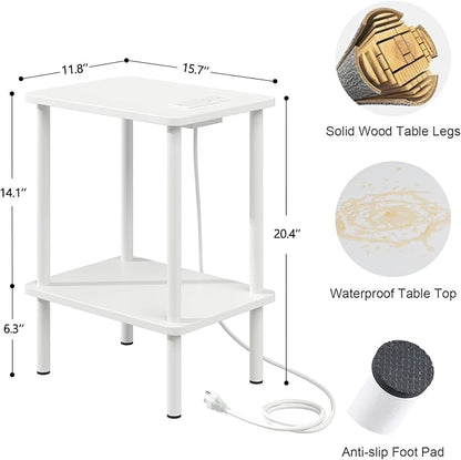 Apicizon 2 Tier End Table Set of 2, Small Side Table with Charging Station, Boho Bedside Table with USB Ports and Outlets, Nightstand for Small Spaces, Bedroom, Living Room, Easy Assembly, White