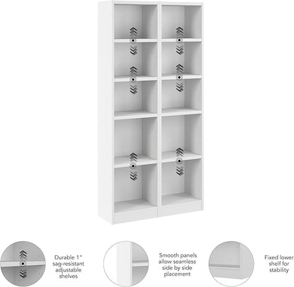 Bush Furniture Universal 17W Narrow 5 Shelf Bookcase in White - Set of 2, Matching Skinny Bookshelves for Home Office or Living Room Storage