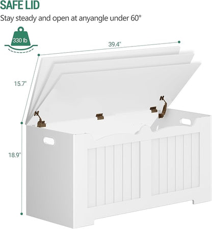 39.4" Storage Chest, Storage Bench Trunk with 2 Safety Hinges, Wooden Box, Lift-Top Chest Organizer, Shoe Bench for Entryway, Bedroom, Living Room, White 01003XSB