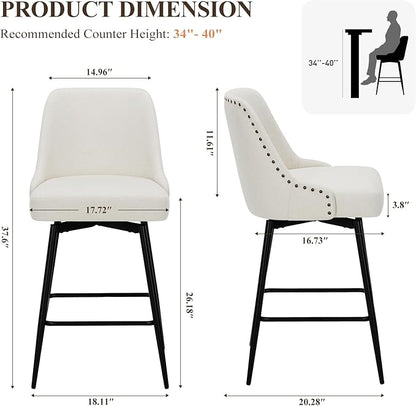 COLAMY Bar Stools Set of 2, 26.18" Counter Height Swivel Stools with Thick Padded Seat, Adjustable Footrest & 360° Rotation, Soft Fabric Upholstery for Kitchen Island/Home Bar/Cafe, Beige