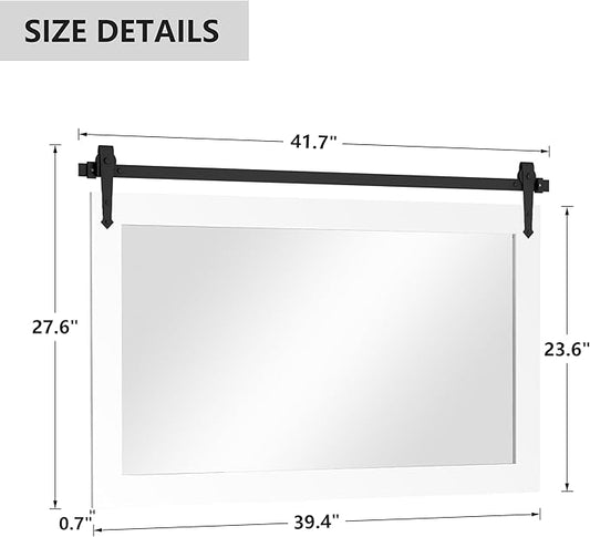 Farmhouse Barn Door Mirror - 42" x 28" Rustic Wood Framed Wall Mirror for Bathroom, Living Room, Bedroom Wall Decor (Bright White)