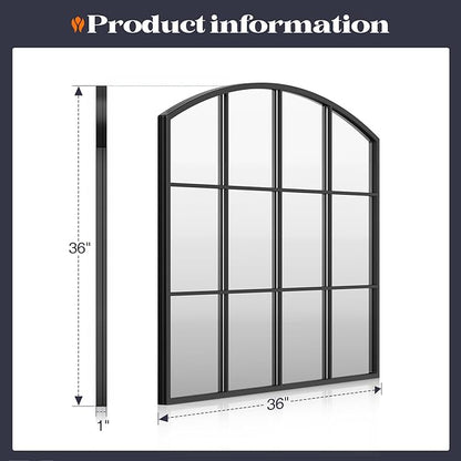 Window Pane Black Mirror, 36" x 36" Farmhouse Arched Wall Mirror, Large Arch Grid Mirror for Living Room Bedroom Farmhouse Fireplace Hallway Entryway