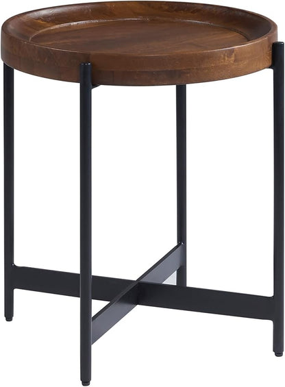 Alaterre Furniture Brookline 20" Round Wood End Table – Solid Top with Tray Edge and Black Metal Legs – Rustic Farmhouse Accent Table for Living Room, Bedroom, or Small Spaces (Medium Chestnut)