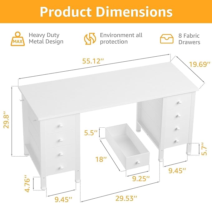 White Computer Desk with Drawers on Both Sides for Home Office, 55 inch Girls Teens Desks with Storage Writing Study Table for Bedroom, Makeup Vanity Desks Without Mirror,8 Fabric Drawer