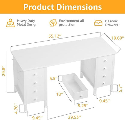 White Computer Desk with Drawers on Both Sides for Home Office, 55 inch Girls Teens Desks with Storage Writing Study Table for Bedroom, Makeup Vanity Desks Without Mirror,8 Fabric Drawer