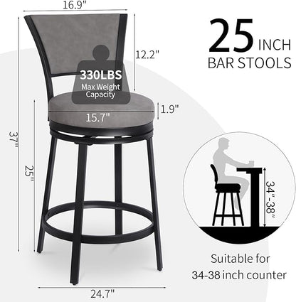 Bar Stools, Modern Counter Height Barstools Set of 2, 25" Faux Leather Round Swivel Bar Stools with Backrest, Upholstered Metal Bar Chairs for Kitchen Island, Kitchen Counter, Pub, Grey