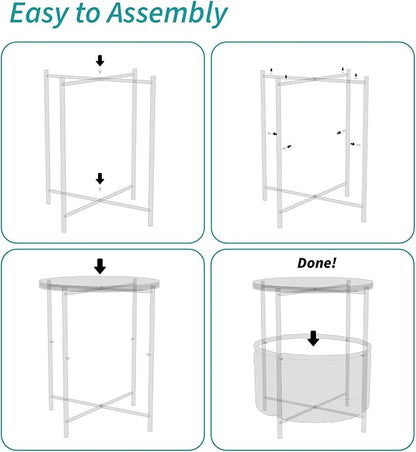 2 Tier Modern Side Table, Round End Table Living Room with Fabric Basket, Small Metal Bedside Nightstand with Removable Tray for Living Room, Bedroom, Office, Gold