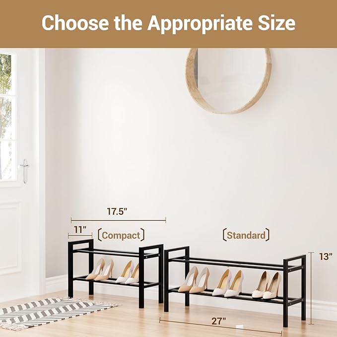 Haddockway Bamboo Shoe Rack for Closet, Free Standing Shoe Organizer with Smooth Round Rods & Convenient Handles, Stackable Shoe Storage Shelf for Entryway, Hallway(Black, 2-Tier(Small))