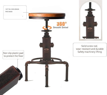 Topower Antique Vintage Industrial Barstool Solid Wood Water Pipe Fire Hydrant Design Cafe Coffee Industrial Bar Stool Set of 2 Red Bronze