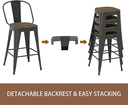 26” Swivel Bar Stools Set of 4, Counter Height Bar Stools Wooden Seat, Metal Industrial Bar Chairs with High Back for Kitchen Island (Black)