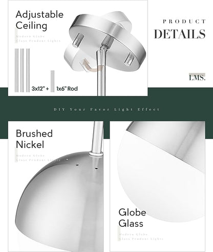 LMS Brushed Nickel Pendant Lights Kitchen Island, 8" Modern Globe Pendant Light Fixtures with Milk White Glass, Adjustable Hanging Lighting for Kitchen Island Sink Bedroom Bathroom, LMS-203
