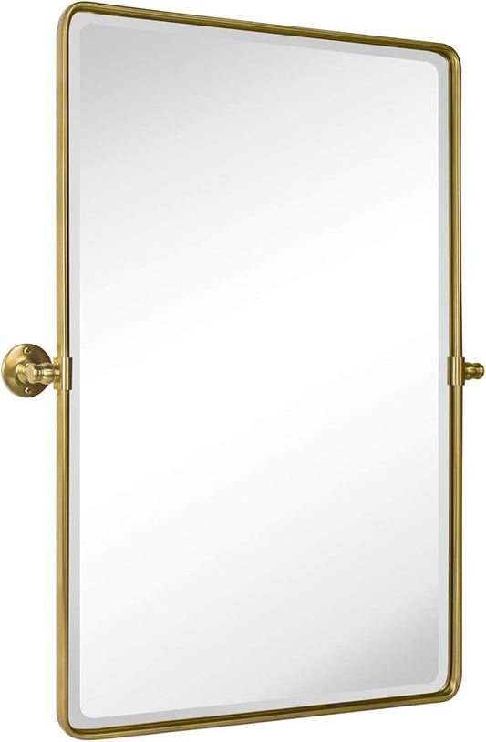 TEHOME 20x30'' Pivot Rectangle Bathroom Vanity Mirror Brushed Gold Rounded Corner Metal Framed Tilting Beveled Vanity Wall Mirrors