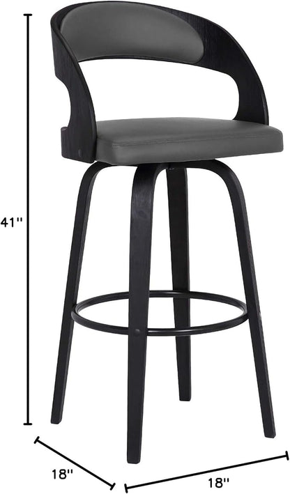 Armen Living Shelly 30" Bar Height Swivel Gray Faux Leather and Black Wood Bar Stool - Set of 4