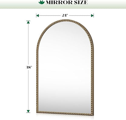 Beaded Arched Mirror for Wall, 24"x38" Gold Arch Bathroom Vanity Mirror, Retro Brass Metal Frame Decorative Mirror for Bedroom Dressing Room Entryway Fireplace