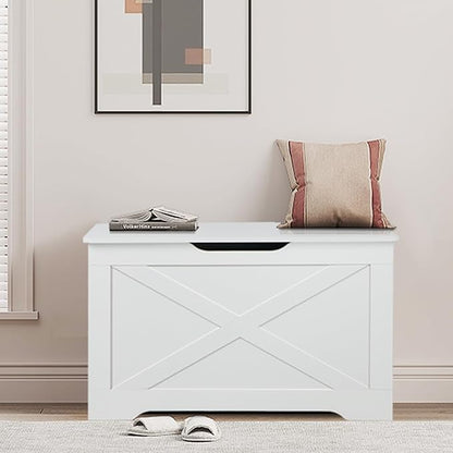 Storage Chest, Wooden Storage Bench, Entryway Shoes Bench with 2 Safety Hinges, Retro Storage Trunk for Living Room, Bedroom, 15.7 x 31.5 x 18.9 Inches, White