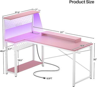 Homieasy Small Gaming Desk with Power Outlets Pegboard LED Light, 51 Inch L Shaped Computer Desk with Monitor Stand Storage Shelves, Reversible Corner Desk with Headset Hooks, Carbon Pink