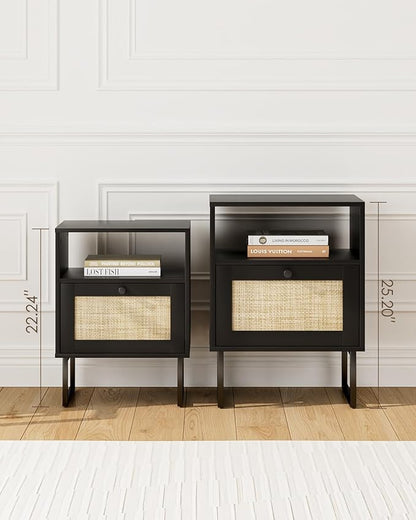Rattan Nightstand, Mid Century Modern Night Stand,Boho Farmhouse Wood Bedside Table with Storage and Open Shelf, End Side Accent Table for Bedroom,Living Room,Black