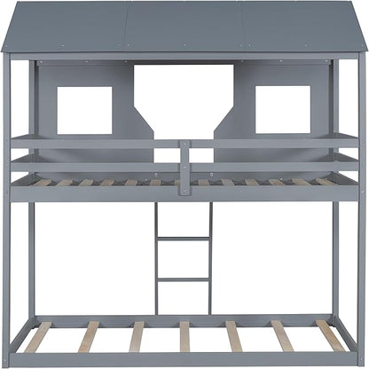 Ball & Cast Twin Over Twin Size Playhouse Bunk Bed with Roof and Window,Wood Bunkbed w/Full-Length Guard Rail & Ladder,Slat Support,Space Saving,Bedroom Furniture for Student Dorms,Gray