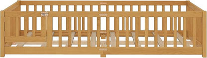 Queen Size Floor Bed Frame with Slats and Safety Guardrail, Wood Queen Size Montessori Floor Bed with Door and Fence, Easy Assemble Montessori Beds for Kids, Girls, Boys, Natural