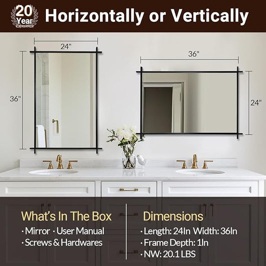 ANDY STAR Black Vintage Bathroom Mirror, 24x36 Inch Cross Corner Mirrors for Bathroom in 1 Inch Stainless Steel Metal Frame Minimalist for Home Decor Wall Mounted Horizontal/Vertical