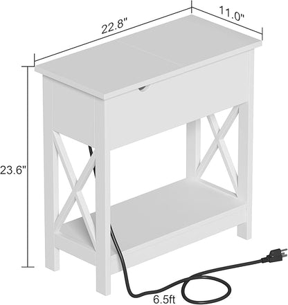 ChooChoo End Table with Charging Station, Narrow Flip Top Side Table with USB Ports & Power Outlets for Small Spaces, Nightstand Sofa Table for Living Room, Bedroom, White, 2 Pack