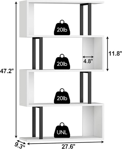 Yusong Geometric Bookcase, S Shaped Bookshelf 4-Tier Book Shelves for Bedroom, Modern Wood Decorative Display Shelf Tall Book Case for Home Office, Black and White