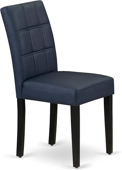 East West Furniture DLAS3-BLK-09 3 Piece Dining Table Set consists A Wood Table and 2 Dark Navy Blue Polyester Fabric Parson Dining Chair with Stylish Back- Black Finish