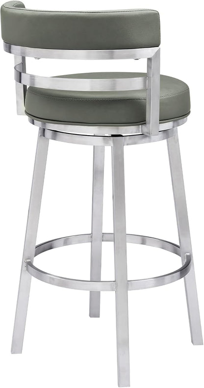 Armen Living Titana 26" Counter Height Swivel Grey Faux Leather and Brushed Stainless Steel Bar Stool