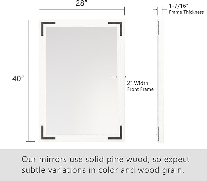 VocalStar White Wood Framed Mirror 28 x 40 Inch, Rustic Natural White Wooden Rectangle Bathroom Vanity Wall Mirror for Farmhouse Boho Decor, 1/4-inch Shatterproof Glass | Waterproof