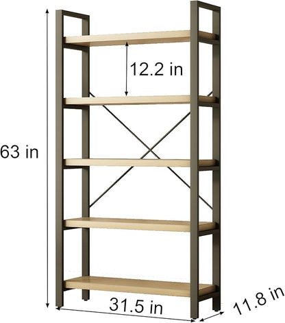Real Solid Wood Rustic Vintage Industrial Etagere Bookshelf, Metal & Timber Free Vintage Bookcase, Retro Brown (Genuine Timber) (5-Tiers-Real Wood)