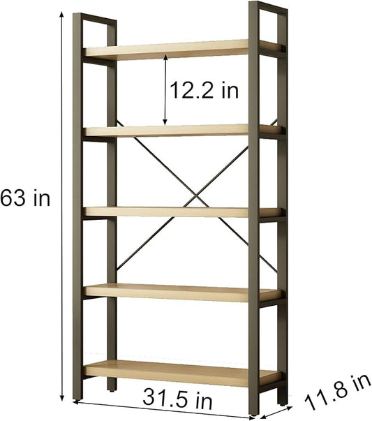 Real Solid Wood Rustic Vintage Industrial Etagere Bookshelf, Metal & Timber Free Vintage Bookcase, Retro Brown (Genuine Timber) (5-Tiers-Real Wood)