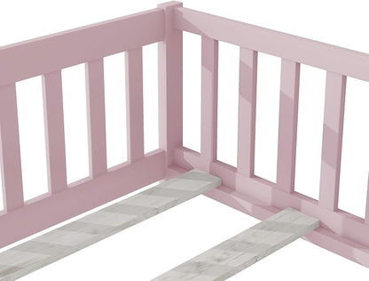 Twin Floor Bed Frame with Slats and Safety Guardrail, Wood Twin Size Montessori Floor Bed with Door and Fence, Easy Assemble Montessori Beds for Kids, Girls, Boys, Pink