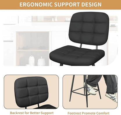 Bar Stools Set of 2, 24 Inch Upholstered Metal Barstool with Back and Footrest, Bar Chair with Metal Base for Dining Room Counter Island, Black