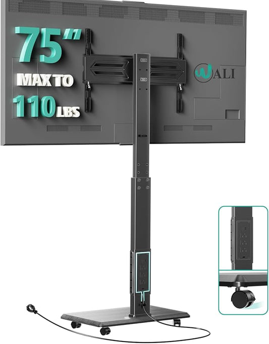WALI Floor TV Stand with Power Outlet, Rolling Tall TV Stand Mount with Wheels for 32-75 inch TV up to 110 lbs, Swivel Height Adjustable TV Cart with Wood Base for Bedroom(TVDVD-7PR), Black