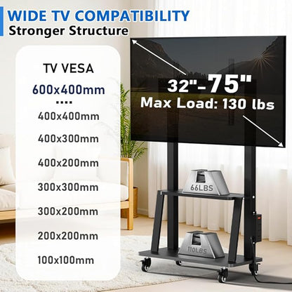 Rolling TV Stand with Power Outlet, Mobile TV Stand on Wheels for 32-75 inch TV, Height Adjustable Portable Black TV Cart, Holds up to 130LBS, Vesa 600×400mm