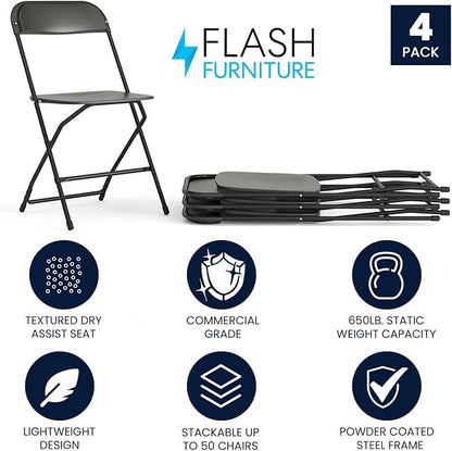 Flash Furniture Hercules Series Plastic Folding Chairs for Parties and Weddings, Stackable Commercial Event Seats with 650-lb. Static Weight Capacity, Set of 4, Black